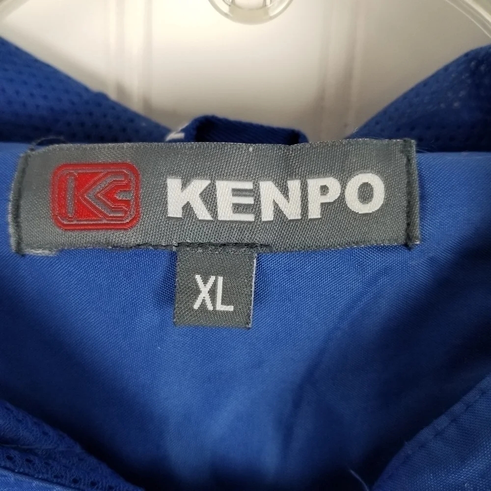 Woods Hole Mass Windbreaker Jacket Full Zip Kenpo Mens Size XL Blue Hood Stripe